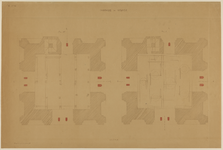 217427 Twee plattegronden (van oost naar west) van de Domtoren te Utrecht van de hogere gedeelten van het tweede ...